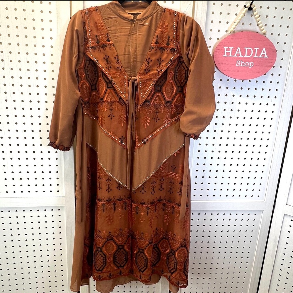 Charming Brown Embroidered Kids Dress